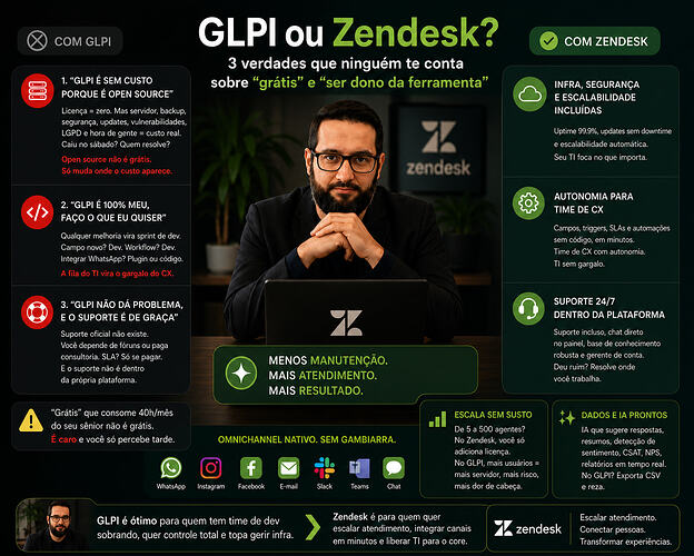 GLPI vs Zendesk? 3 verdades que ninguém te conta sobre “grátis” e “ser dono da ferramenta”